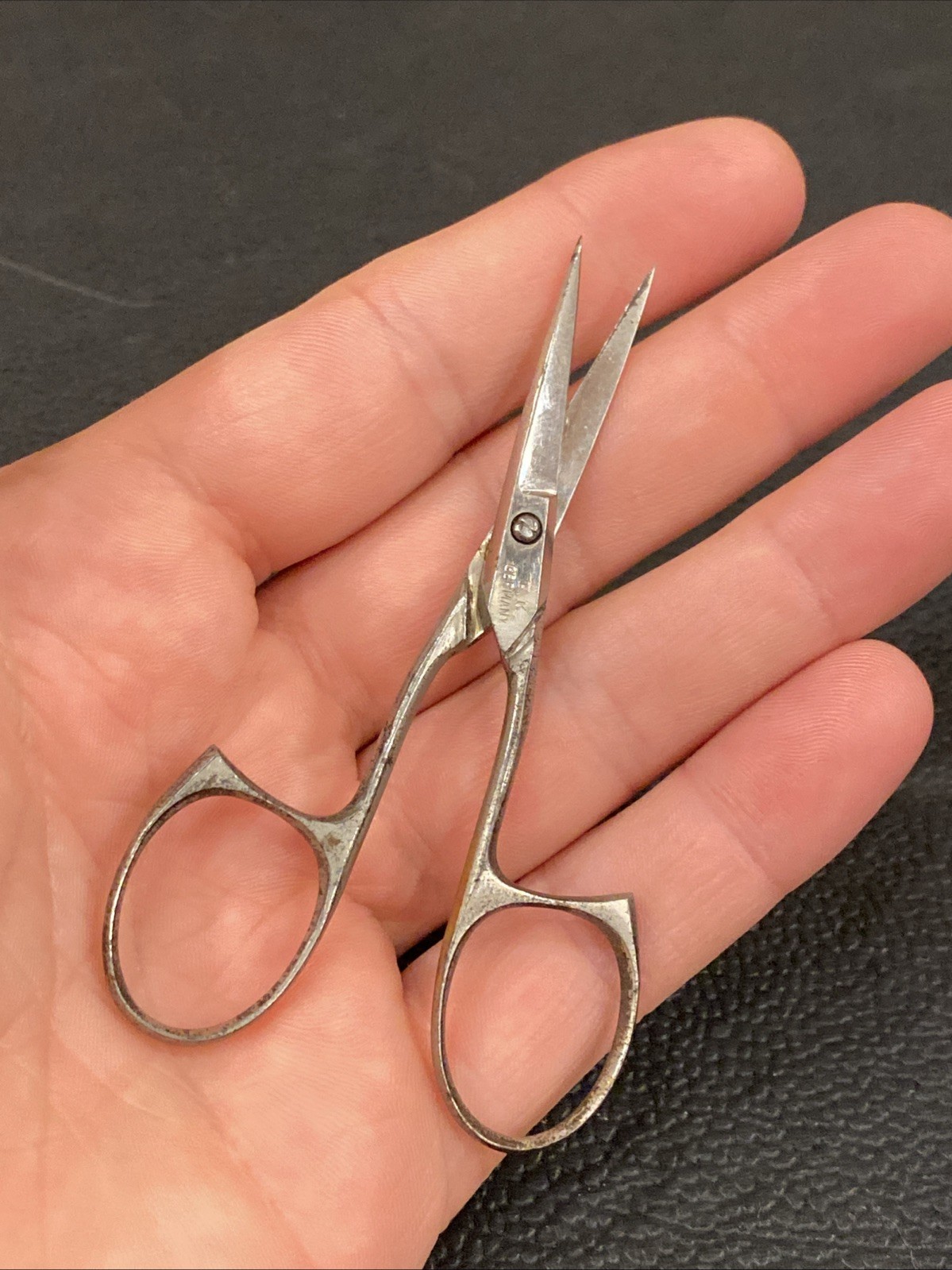 Vtg 1” Blade Metal Sewing Scissors FK Germany Antique Unique Finger Rest Loops