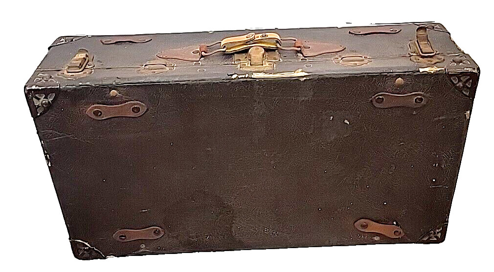 Antique Steamer Luggage Suitcase Brown Wood Leather Trunk Style Travel  26x14x7"