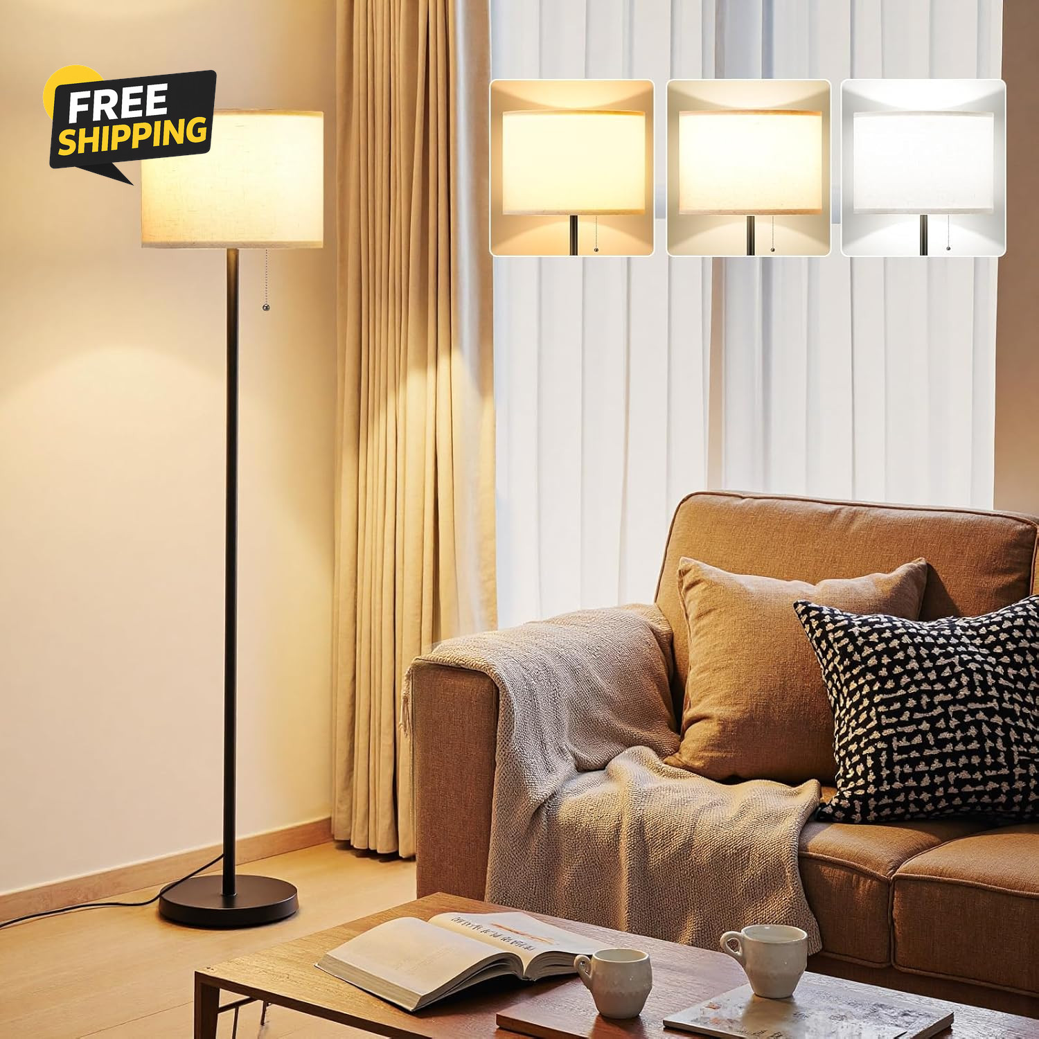 Modern Standing Floor Lamp for Living Room & Bedroom with 3 Color Bulb 