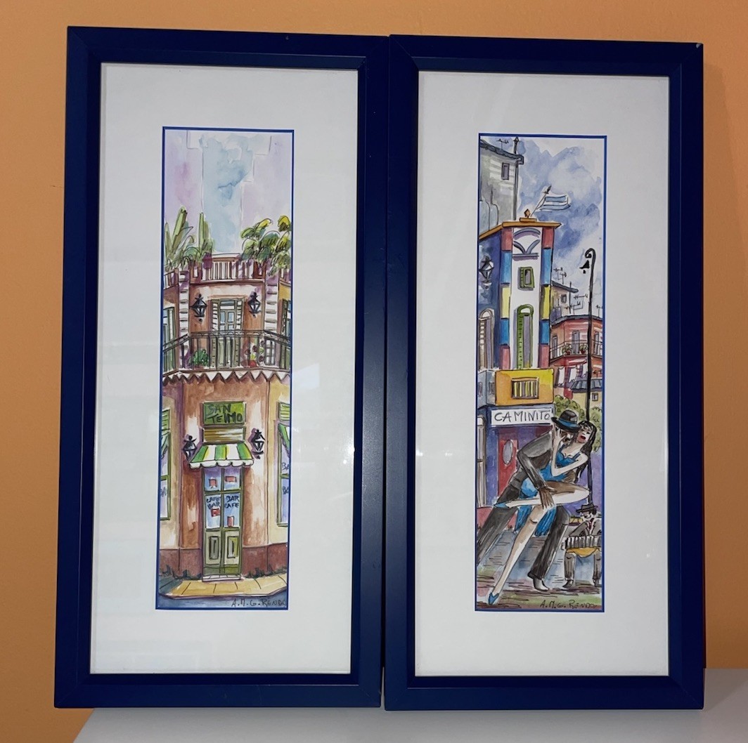 Artwork Argentinian artist  A.M.G. Rendo 2 X Framed Caminito Dancing Couple 19x9