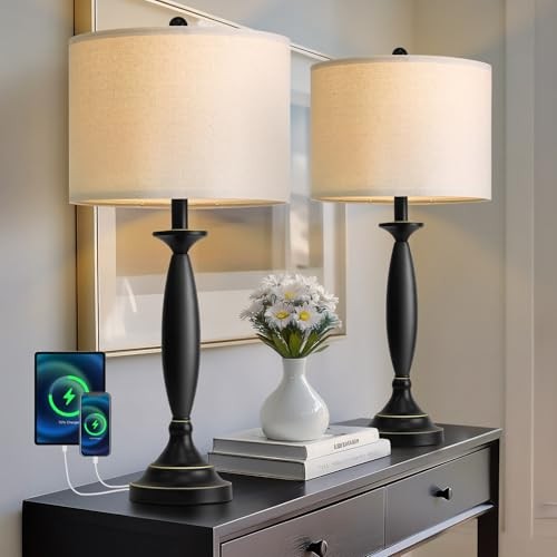  28" Modern Table Lamps Set of 2 for Living Room Metal Bedside Lamps with Black