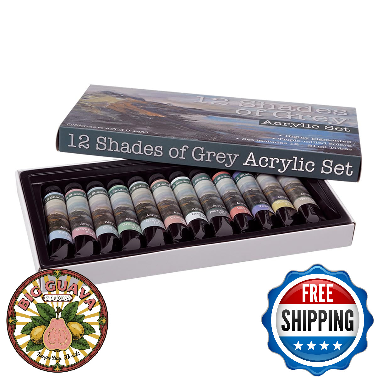 12 Shades Of Grey Acrylic Paint Colors - Set of 12 Assorted Greys (21ml/0.7oz), 