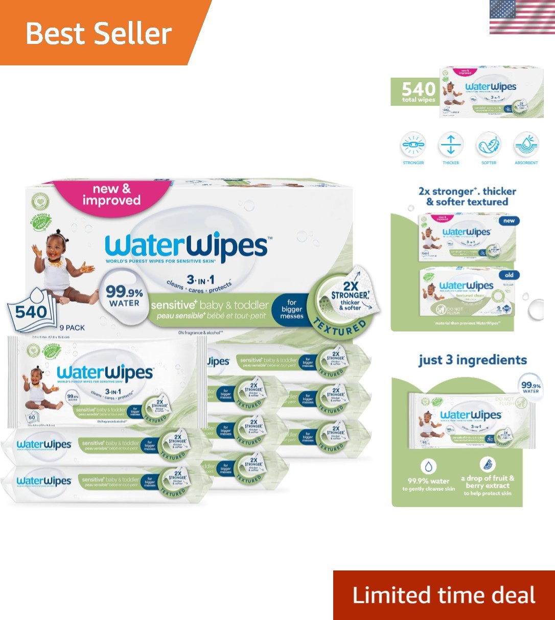 Sensitive+ Baby & Toddler Wipes, 3-In-1 Cleans, Cares, Protects, 99.9% Water,...