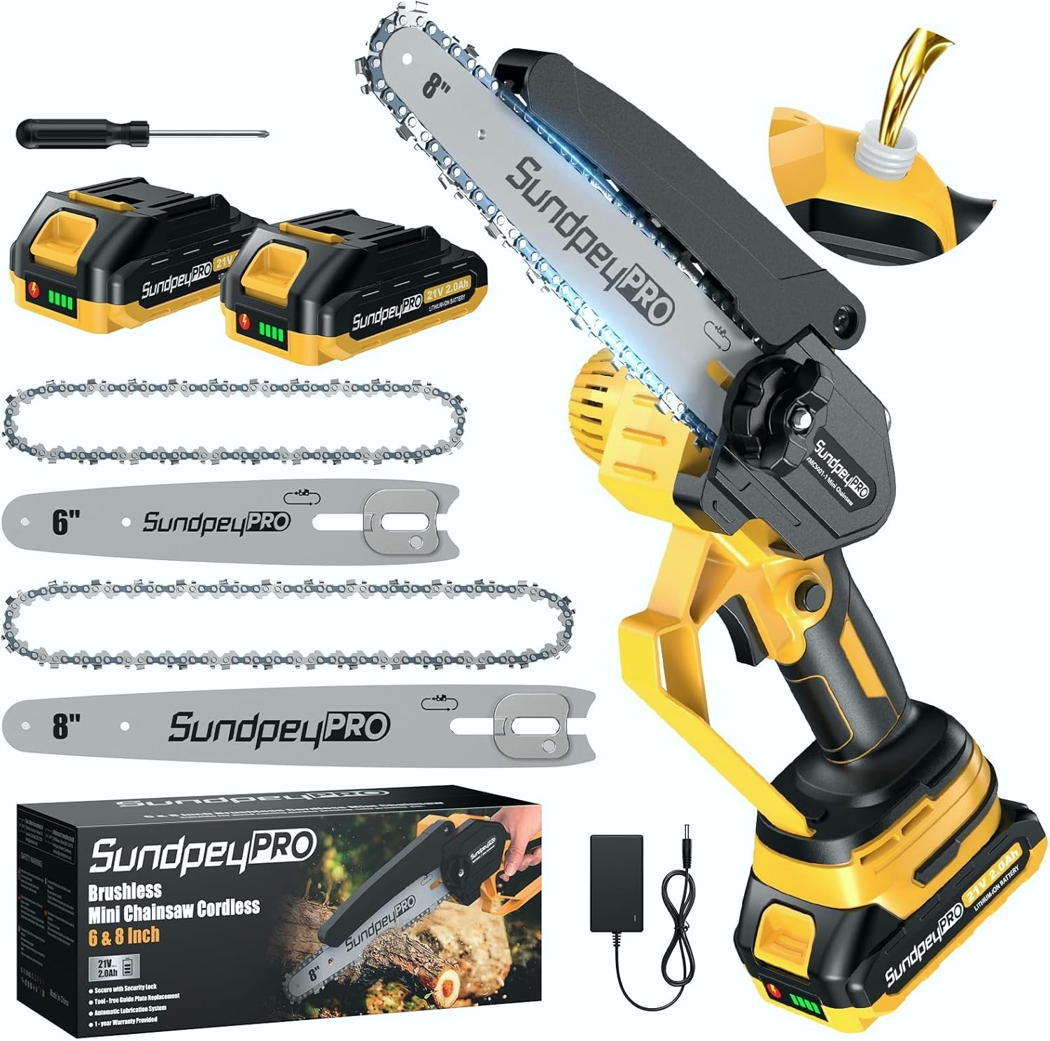 Mini Cordless Chainsaw 8/6 Inch, Brushless with 2 Batteries, 900W, 21V