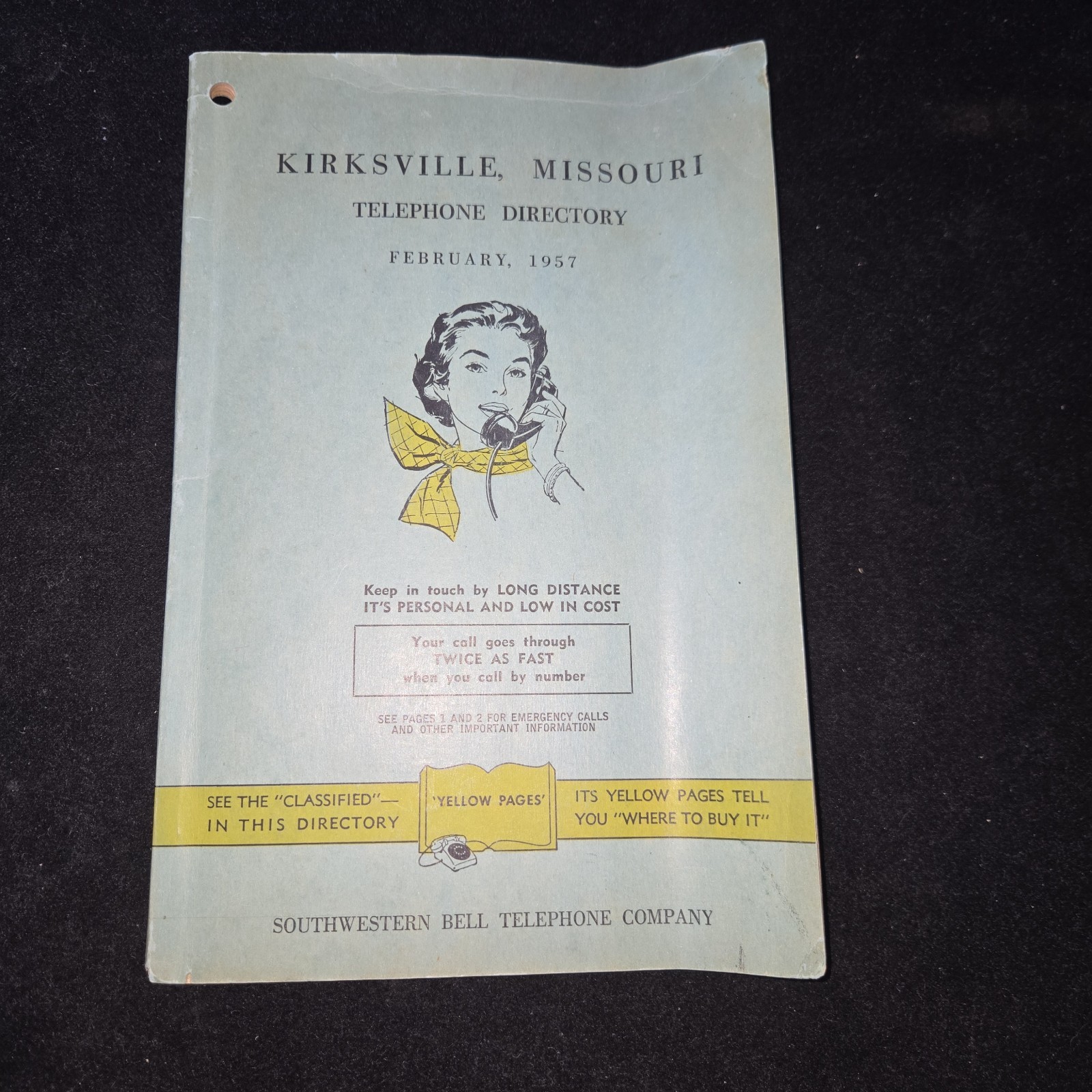 1957 MISSOURI TELEPHONE DIRECTORY KIRKSVILLE RESIDENTIAL YELLOW PAGES BOOK 