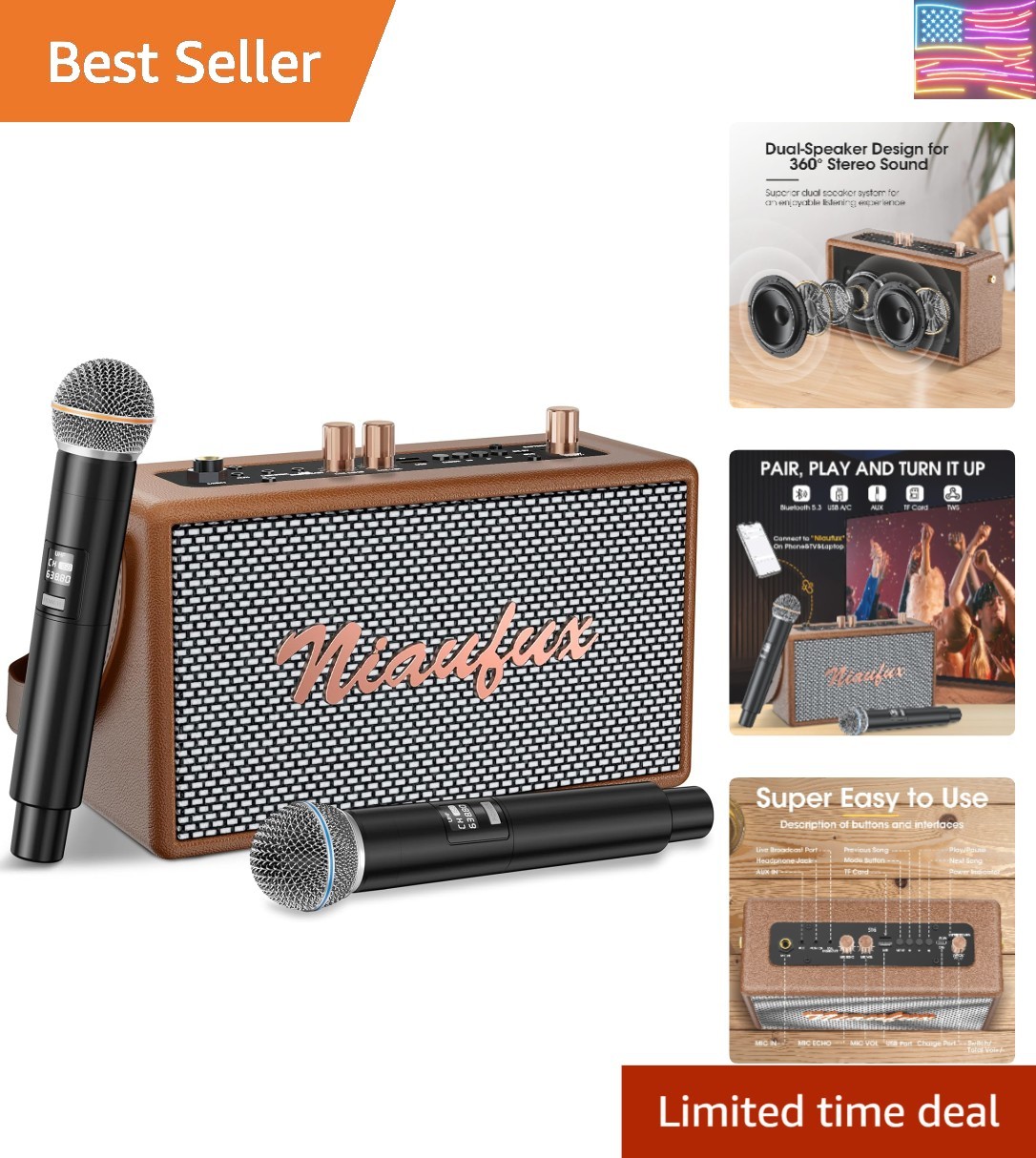 Karaoke Machine, Retro-Design Speaker with 2 Wireless Microphones for Adults ...
