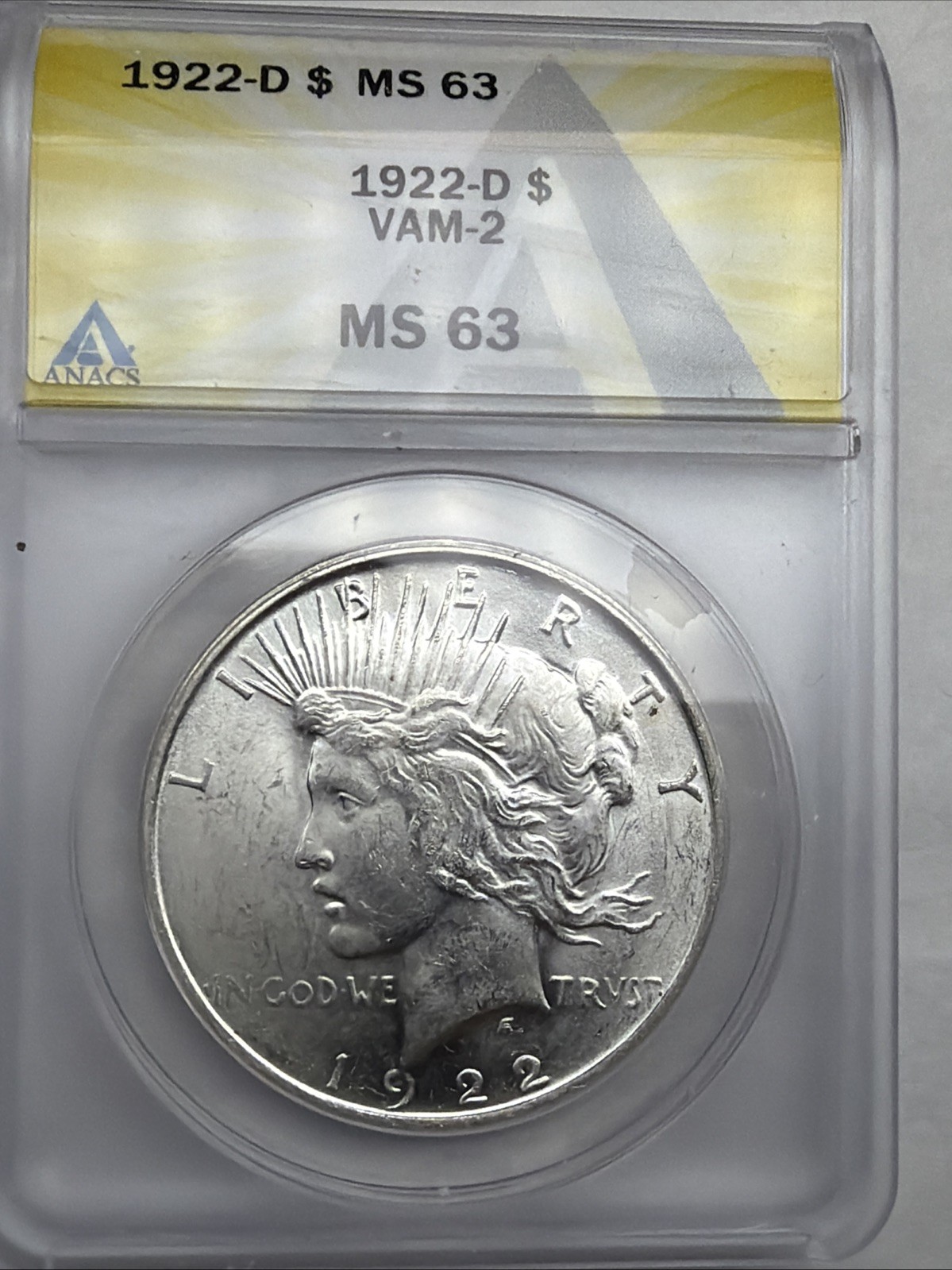1922 D PEACE DOLLAR ANACS MS63 -VAM 2 90% Silver