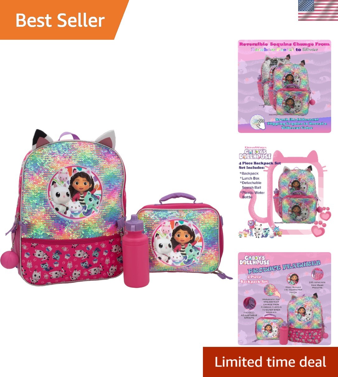 Gabby’s Doll House 4 Piece Backpack Set, Flip Sequin 16" School Bag for Girls...