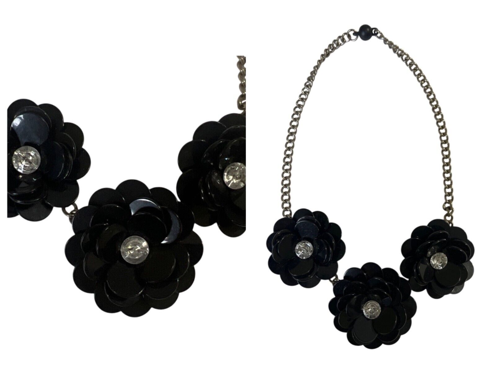 Black Flower Statement Necklace  Rhinestone Centers & Chain Link Design elegant