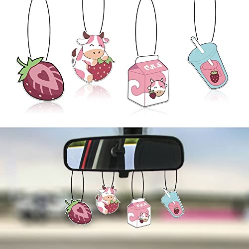 4 Pcs Bubble Tea Strawberry Milk Car Air Fresheners, Strawberry Funny Hanging 
