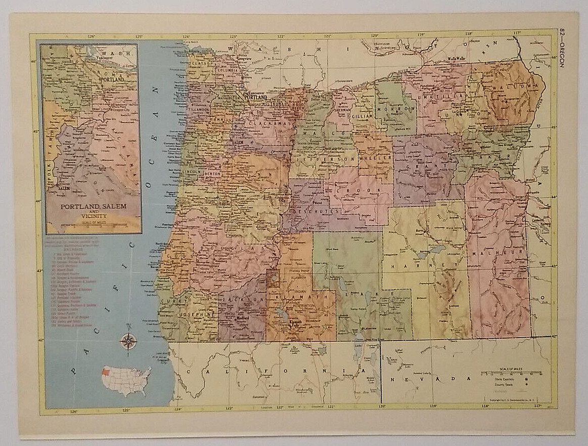 1956 Antique OREGON Atlas Map Vintage Hammond's Family Reference World Atlas