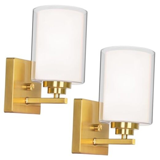 Set of 2 Wall Sconces for Bathroom, Modern Vanity 2-Light Gold & Double Glass