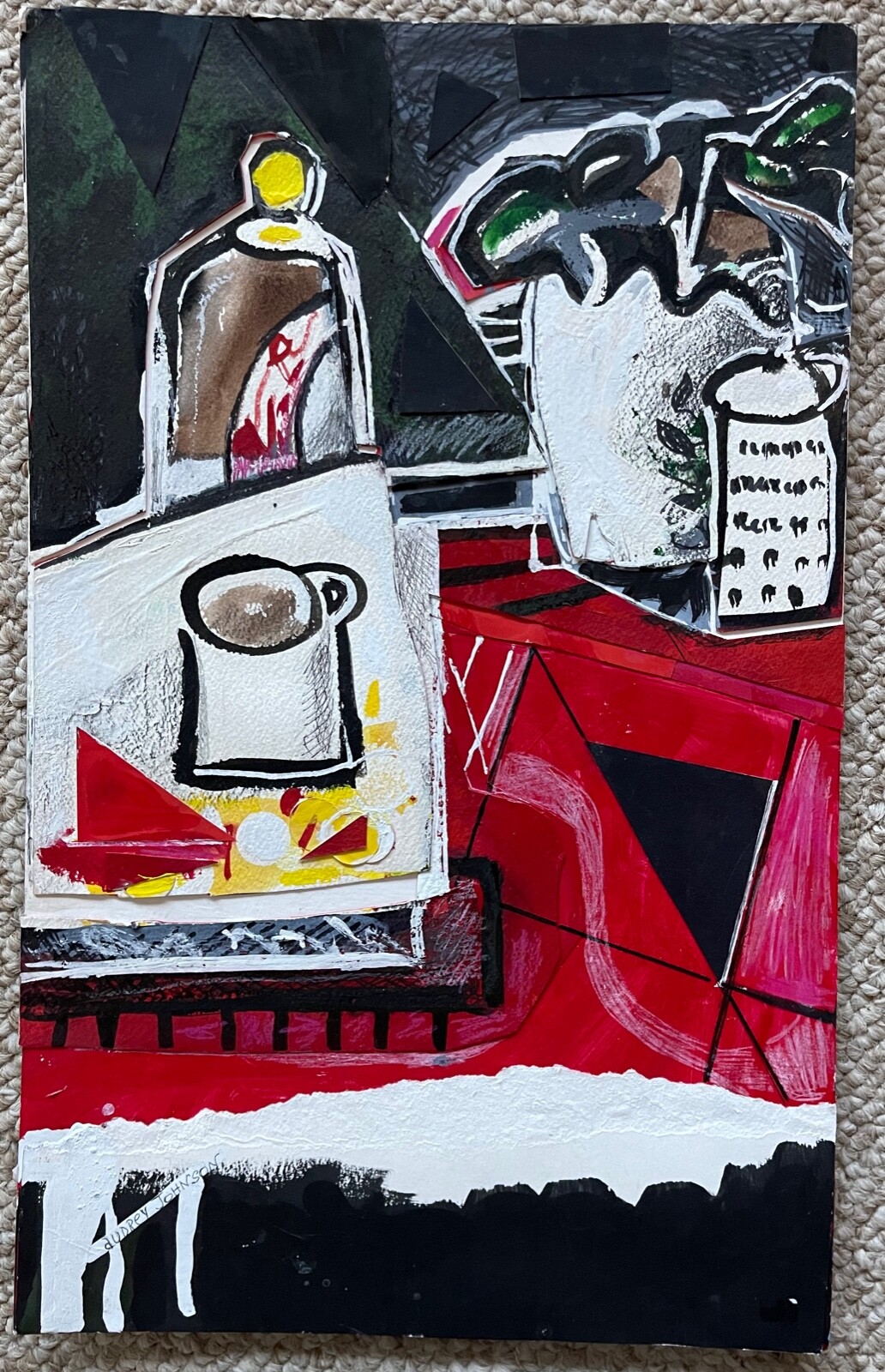 Vintage Still Life Coffee Mug Collage Painting Modern Art Wall Hanging Johnson