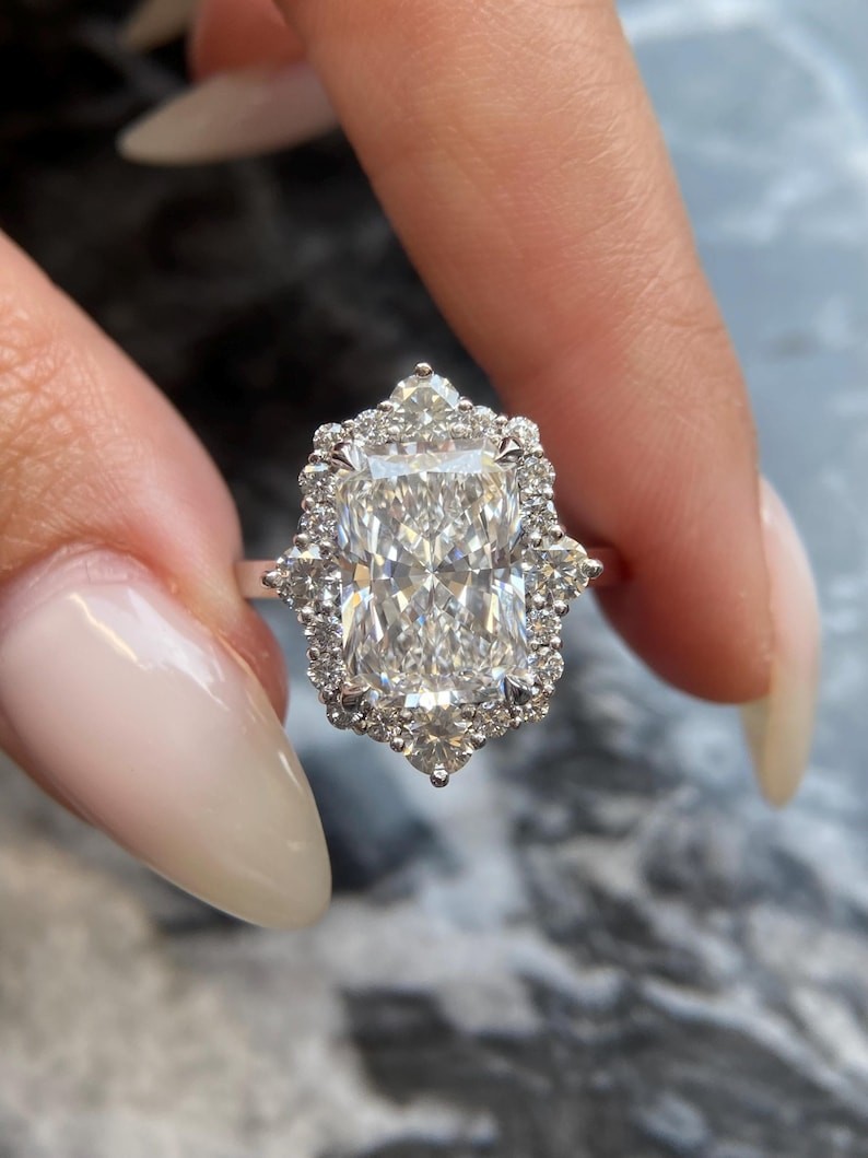 5CT Radiant Lab Grown Diamond Solitaire With Accents Ring Gift 14k White Gold