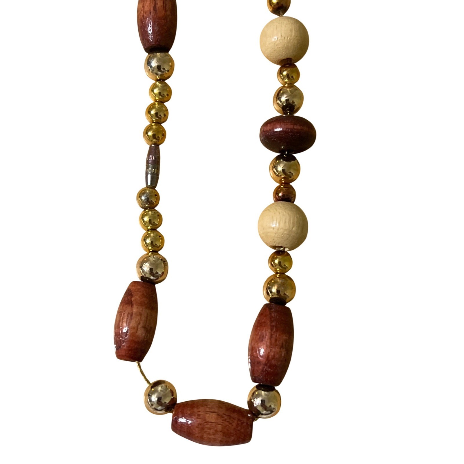 Beaded Necklace Wood Gold Tone Oval Beads Statement Boho Women Jewelry