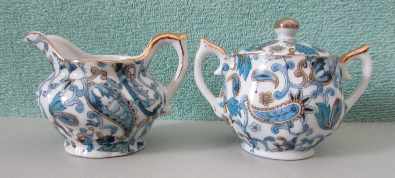 Lefton China Blue Paisley Mini Cream & Sugar Bowl w/Lid Set NE2351 Vintage Lot