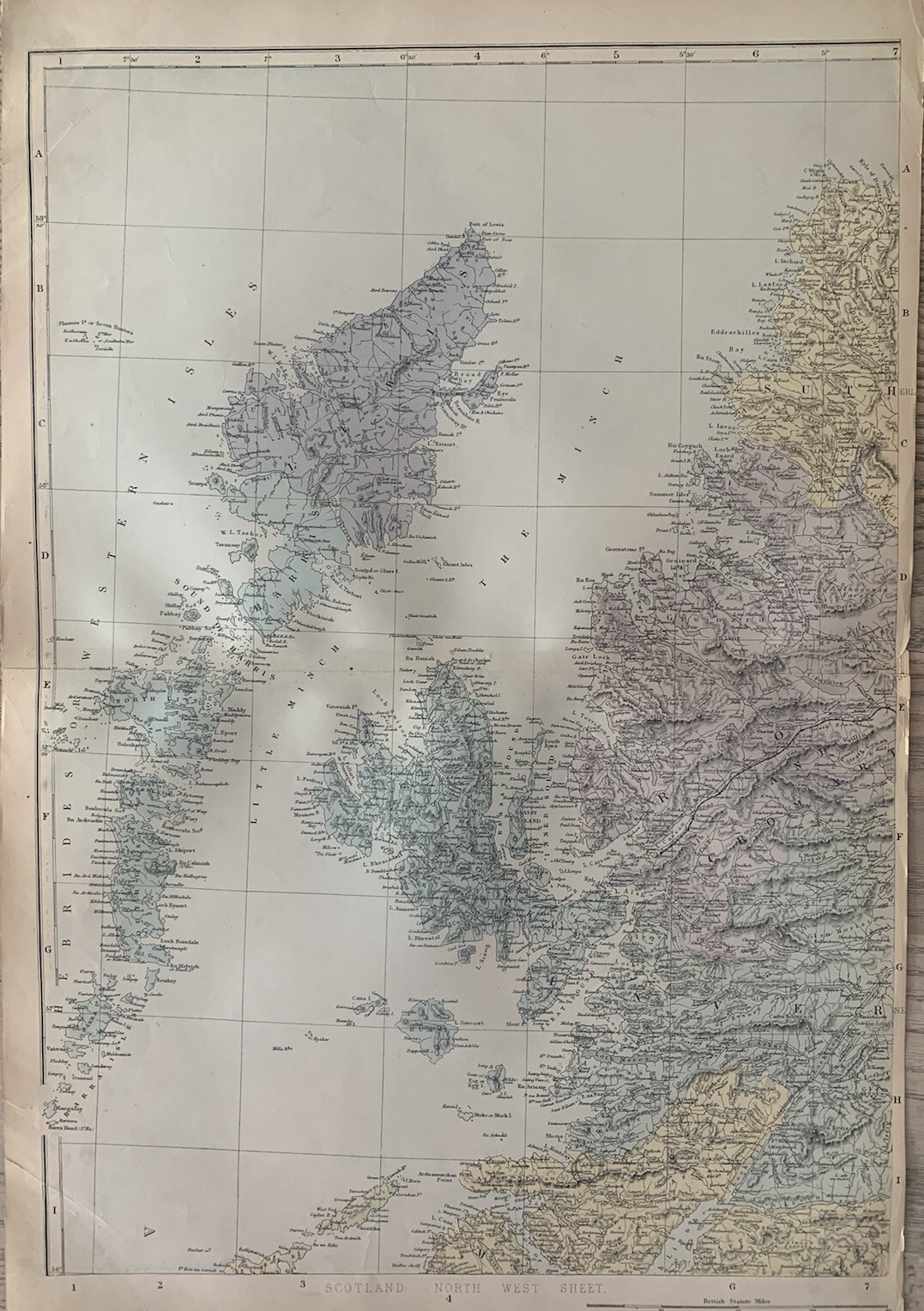 1883 Northwest Scotland Hand Coloured Original Antique County Map by G.W. Bacon