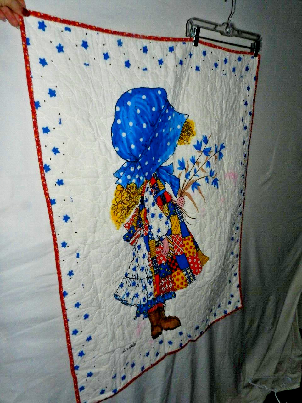 Vtg 70s 80s Holly Hobbie 32 x 42 Baby Quilt Blanket Prairie Cottage Girl Yellow