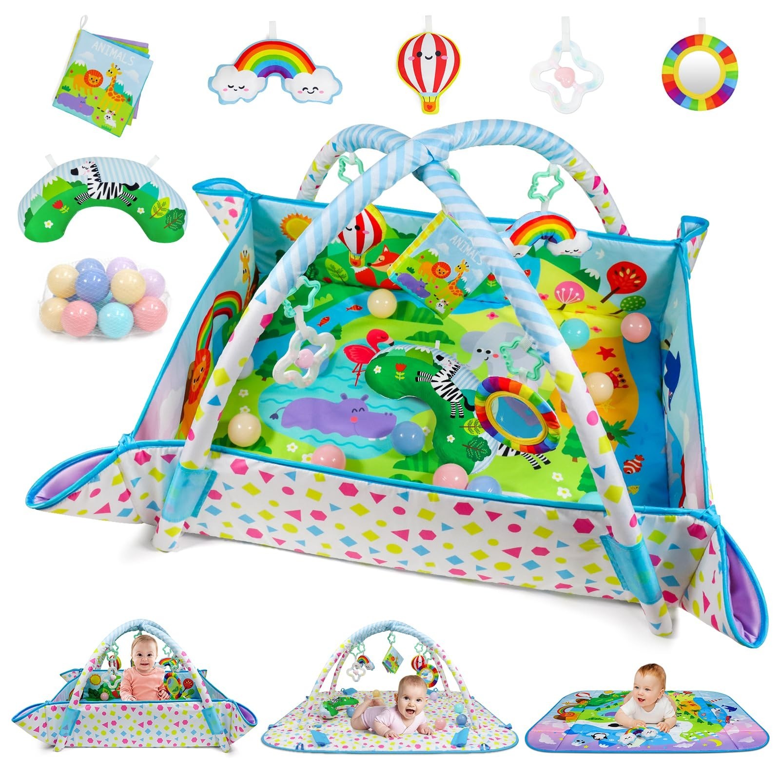 Dr.Rapeti Baby Play Gym Mat Animal Planet with Ball Pit Activity Gym Center T...