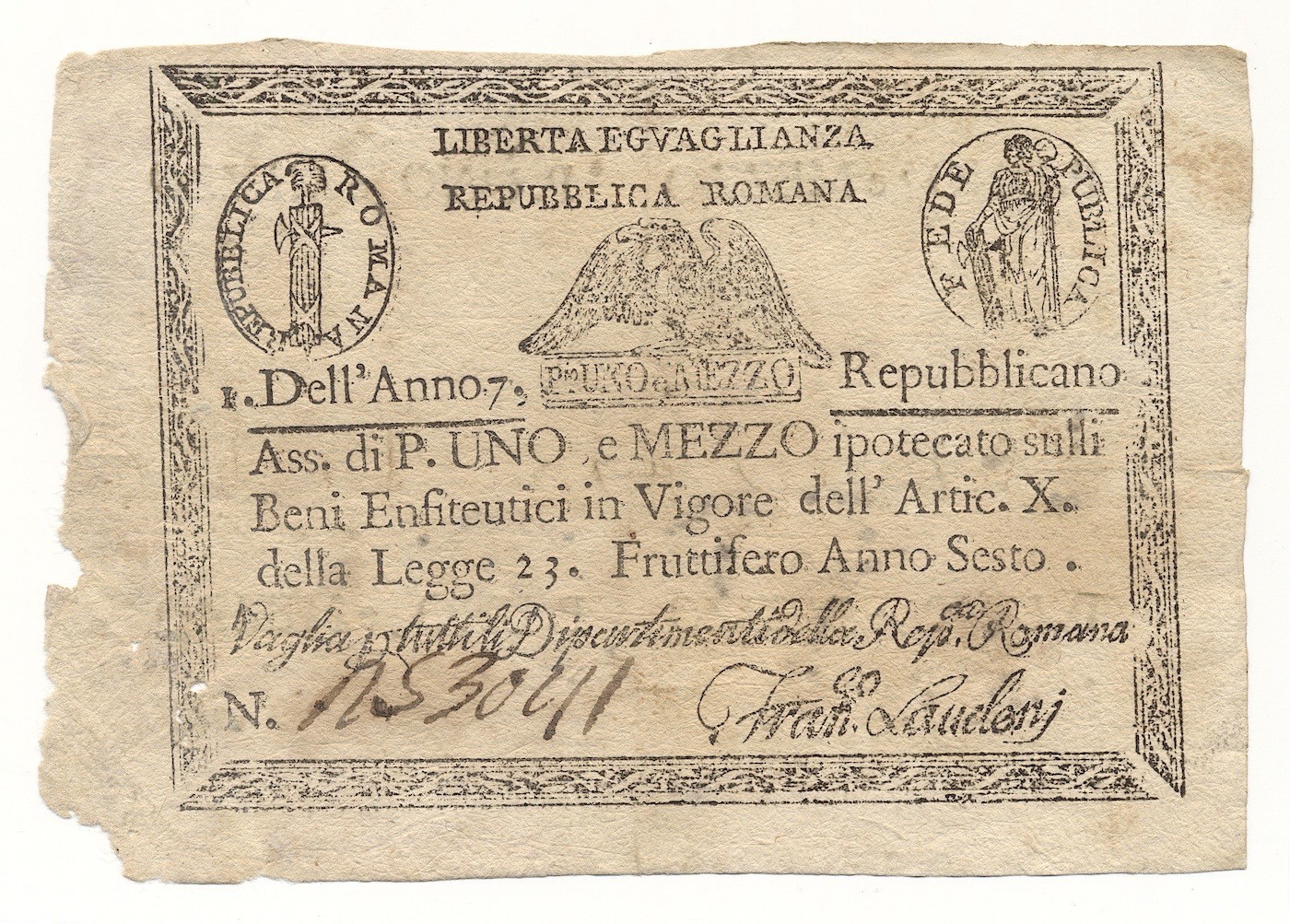 ITALIAN STATES (REPUBBLICA ROMANA) banknote 1 1/2 Paoli 1798 VF Very Fine