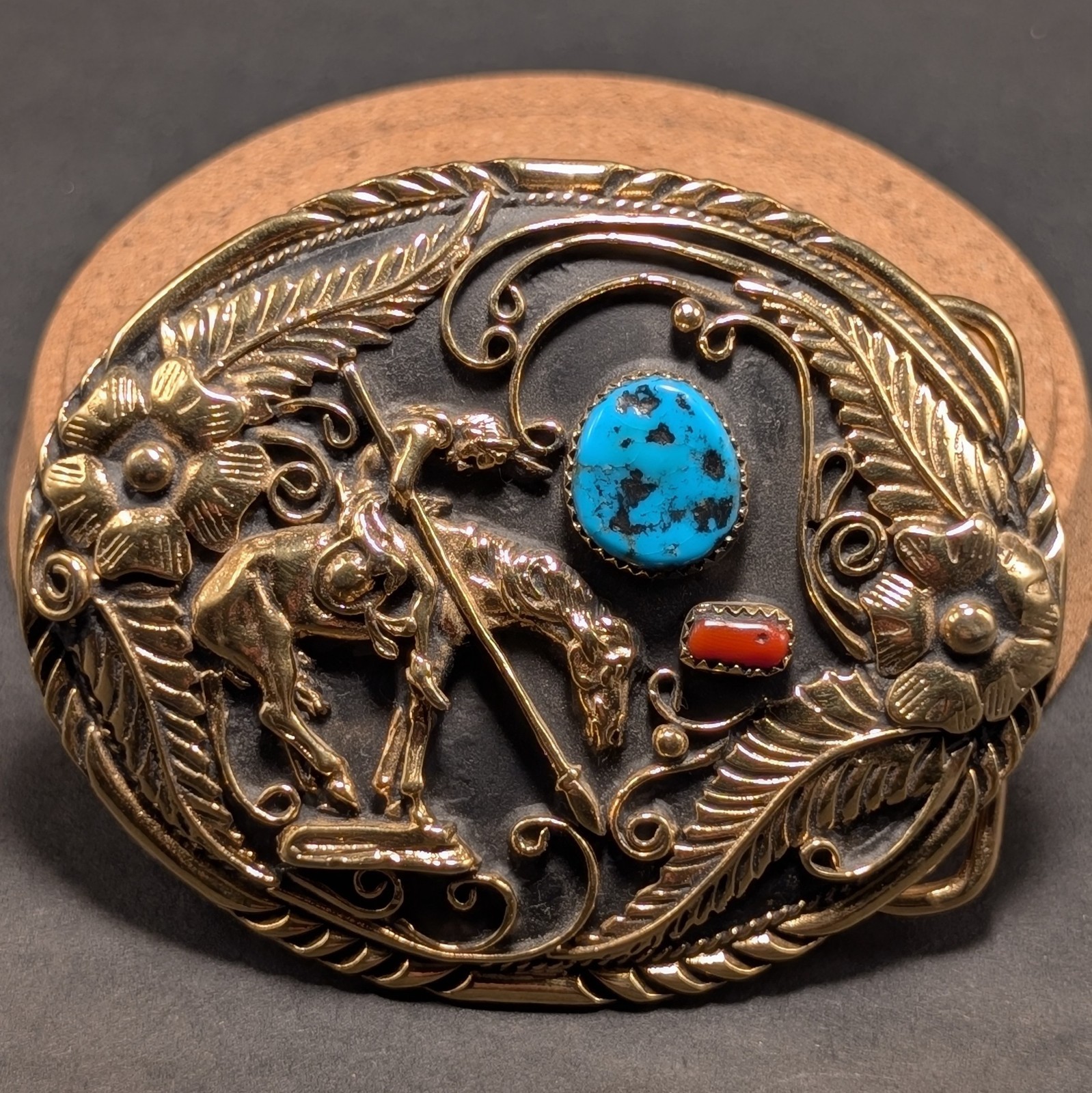 Vintage 1980s Southwest SSI End Of The Trail Turquoise & Coral Gold Belt Buckle