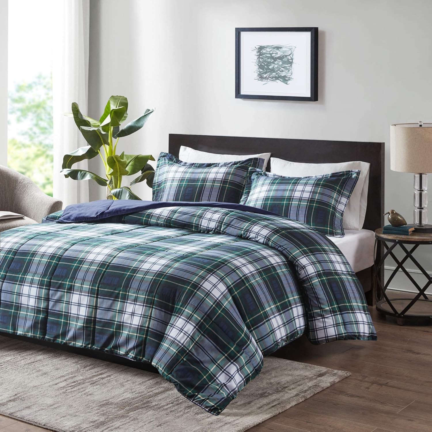 Madision Park Essentials Parkston Plaid King Bedding Set, Hypoallergenic Navy 3p