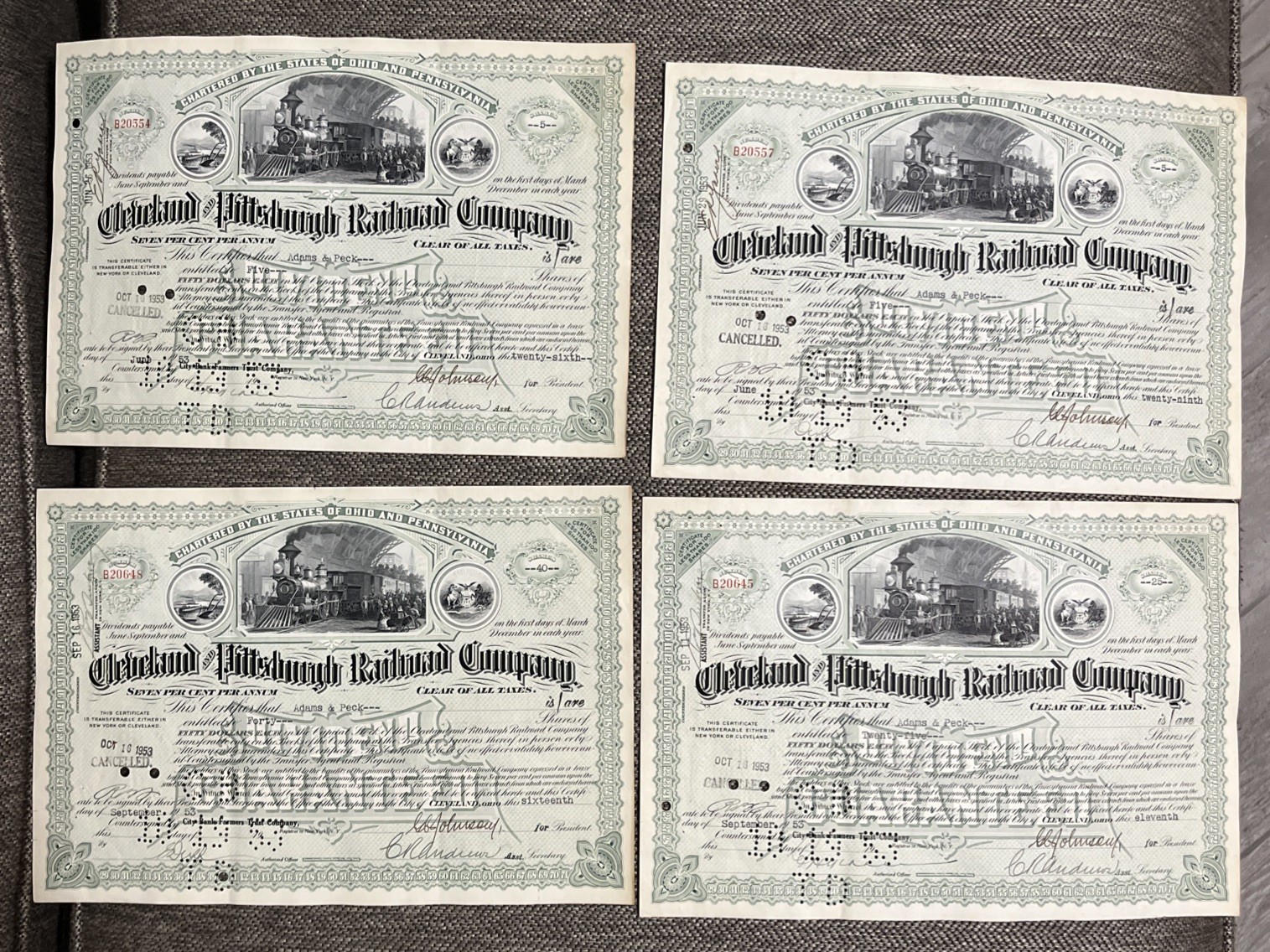(Lot of 4) CLEVELAND AND PITTSBURGH RAILROAD COMPANY STOCK CERTIFICATE