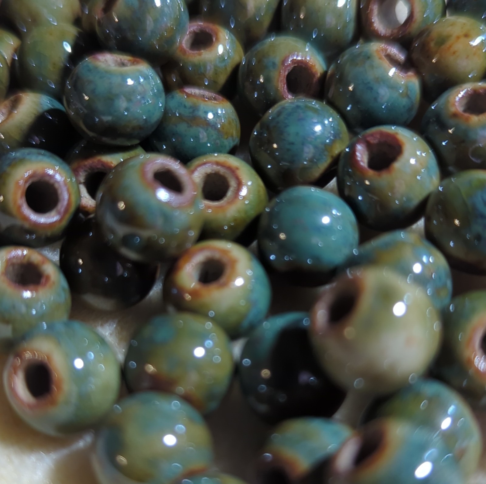 Loose Round Glossy Blue/Green Brown Ceramic Beads for Jewelry Making