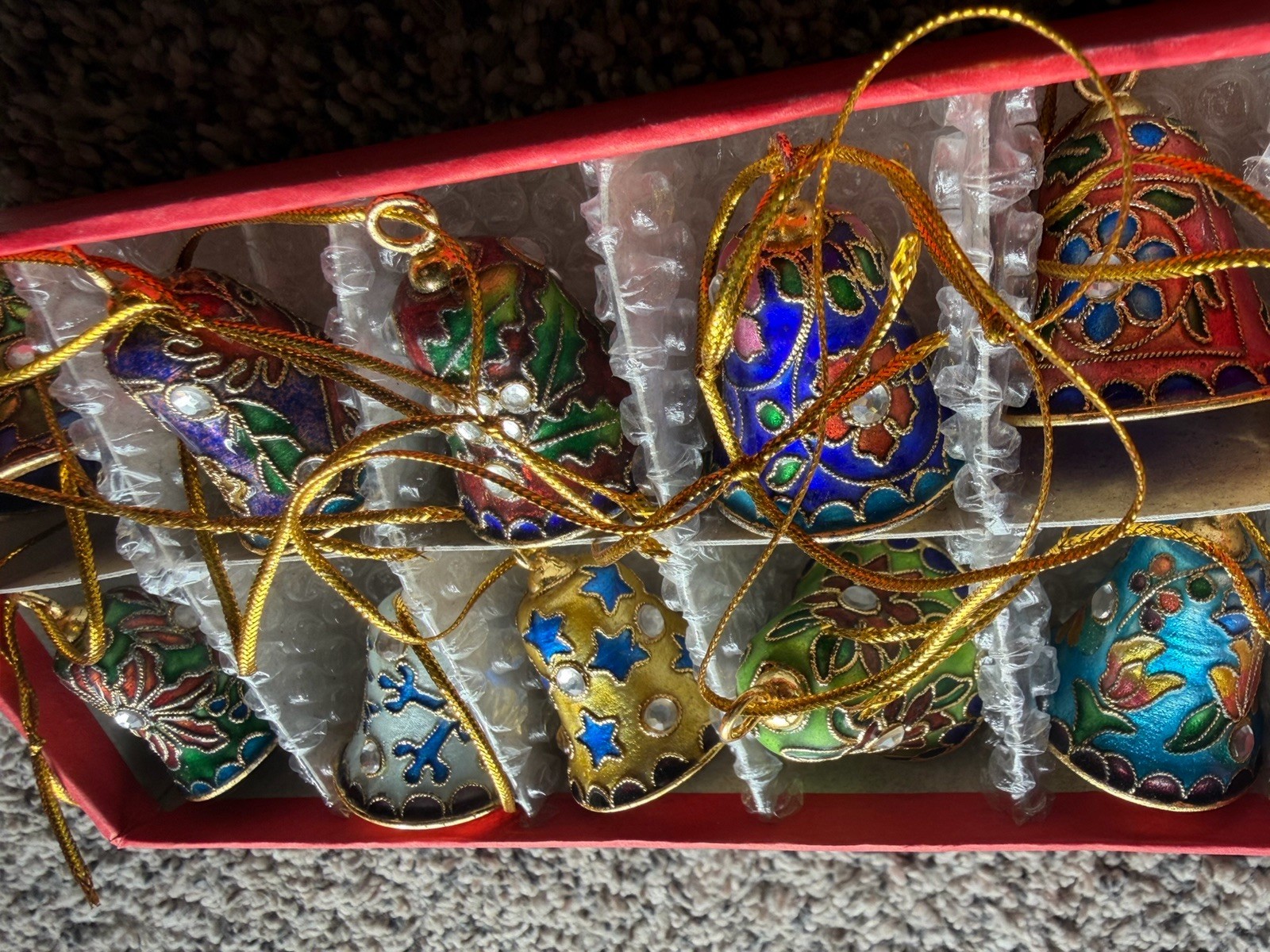 Vtg Enamel Cloisonné 1 1/2” Christmas Bells Lot Of 10 Original Box