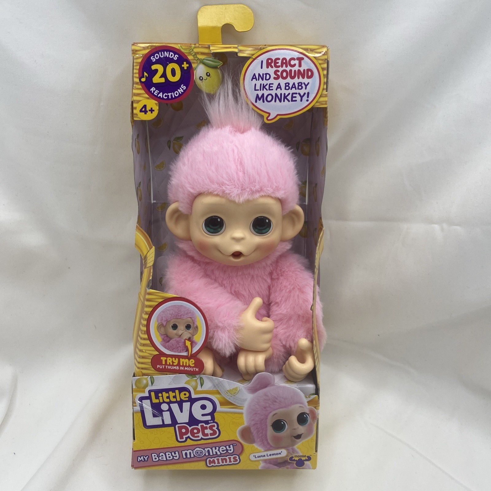 Baby Monkey Minis Luna Lemon Interactive Pet Toy Sounds & Reactions Soft Pink