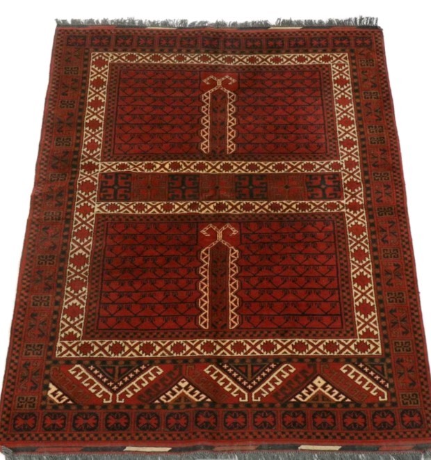 Handmade Afghan Turkmen Rug Red Geometric Pattern Dual Mihrab Design