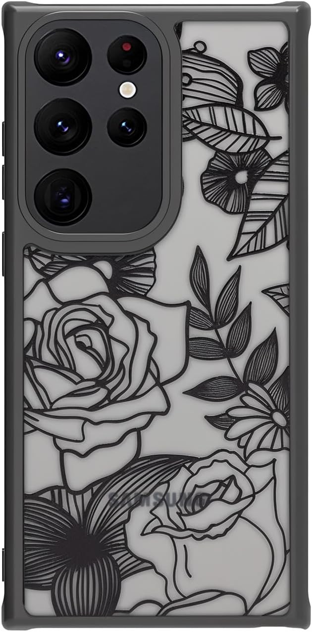 Cute Case for Samsung Galaxy S23 Ultra, Rose Aesthetic Black Line Art Floral Des