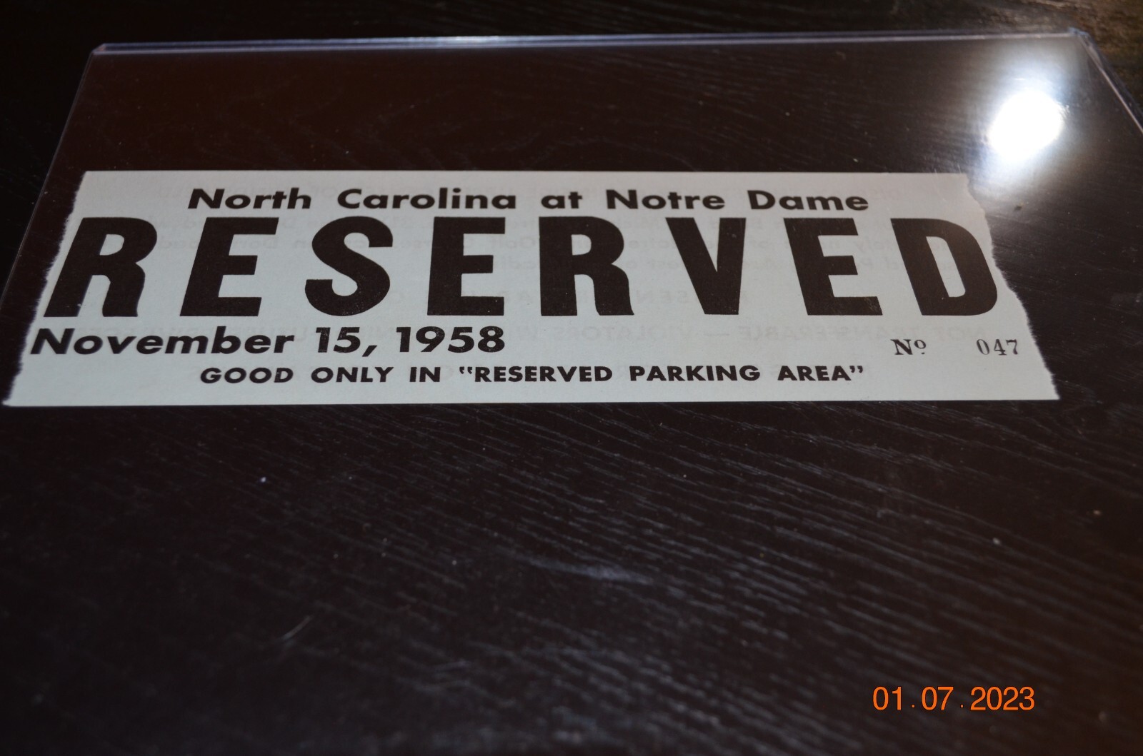 N. CAROLINA AT NOTRE DAME 11-15-1958 PARKING PASS - RARE
