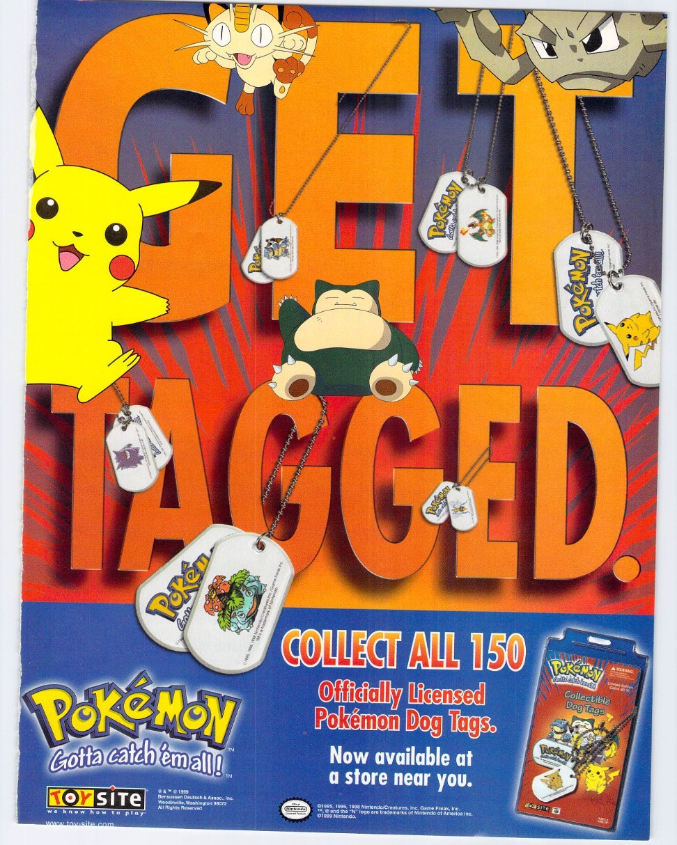 Vtg Print Ad Pokemon Dog Tags Toy Site Pikachu Snorlax Charizard Blastoise 1999