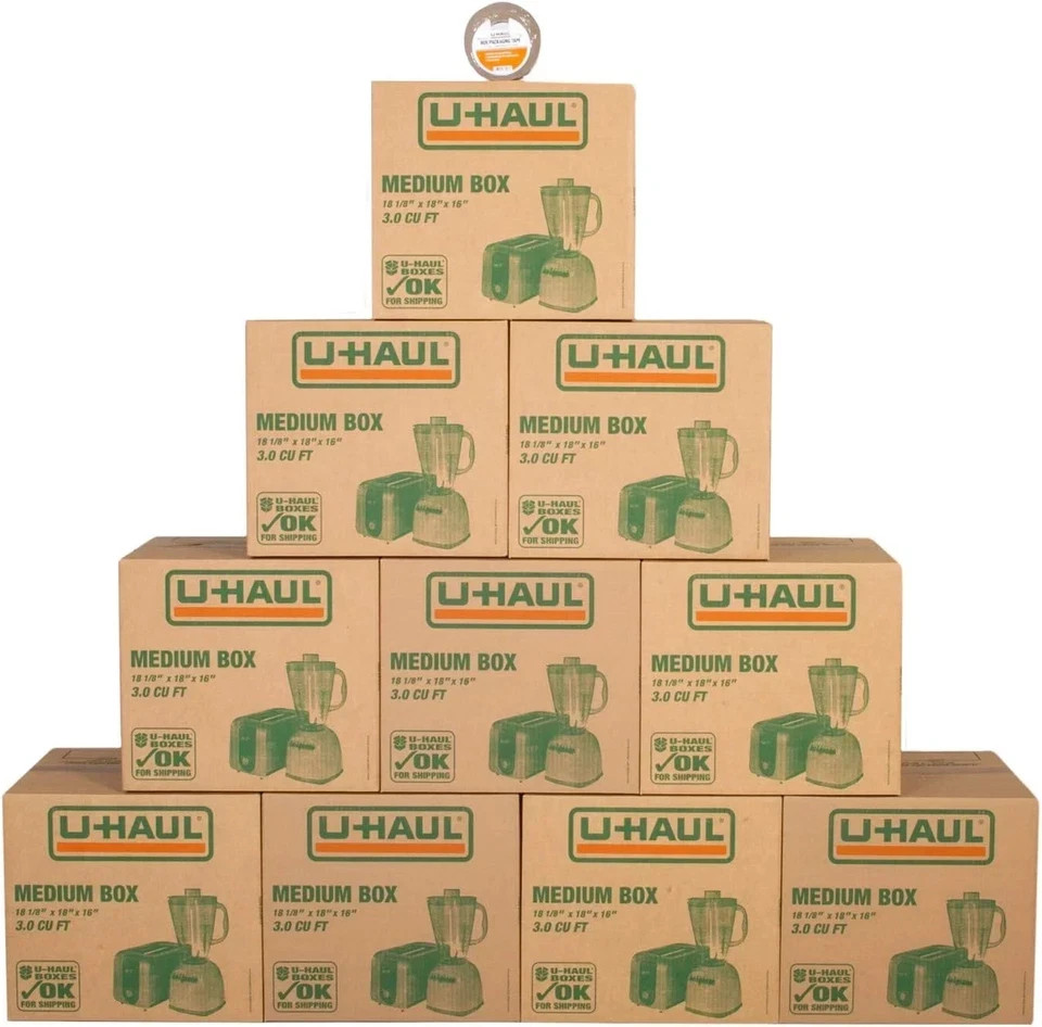 U-Haul Medium Moving Boxes - Pack of 10 Boxes with Handles - 18” X 18 1/8” X 16”
