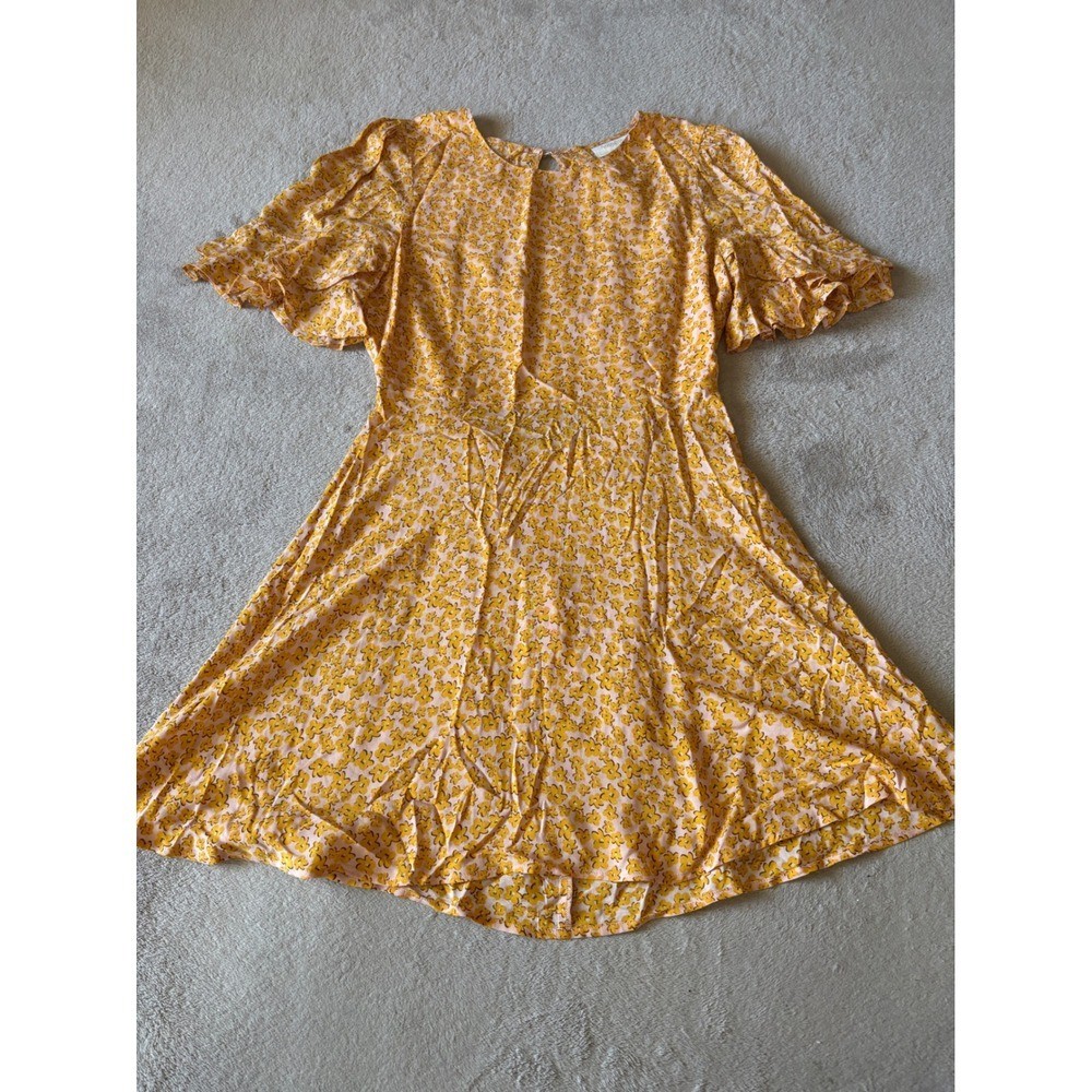 Auguste Women's Size 6 Floral Mini Dress Ruffle Sleeve Open Back Yellow Dress