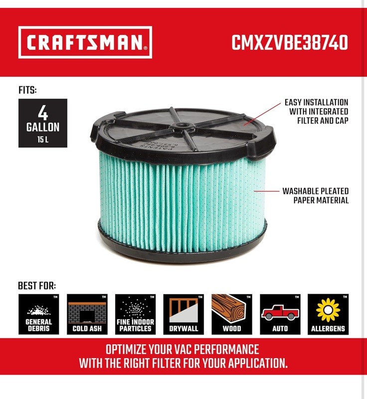 CRAFTSMAN CMXZVBE38740 1/2 Height HEPA Media Wet/Dry Vac Replacement Filter &1