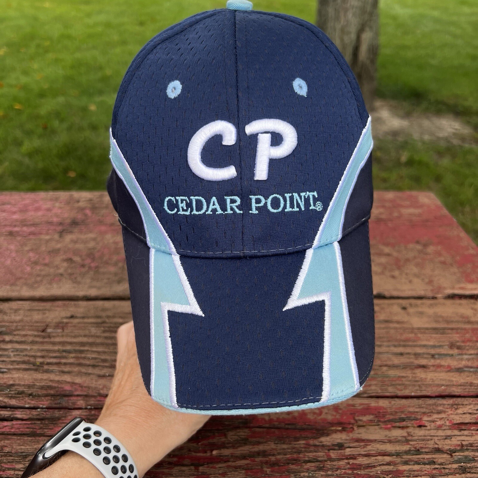 Cedar Point Navy Blue Hat Cap Aqua White Accents Mesh Nylon Hook Loop JHATS