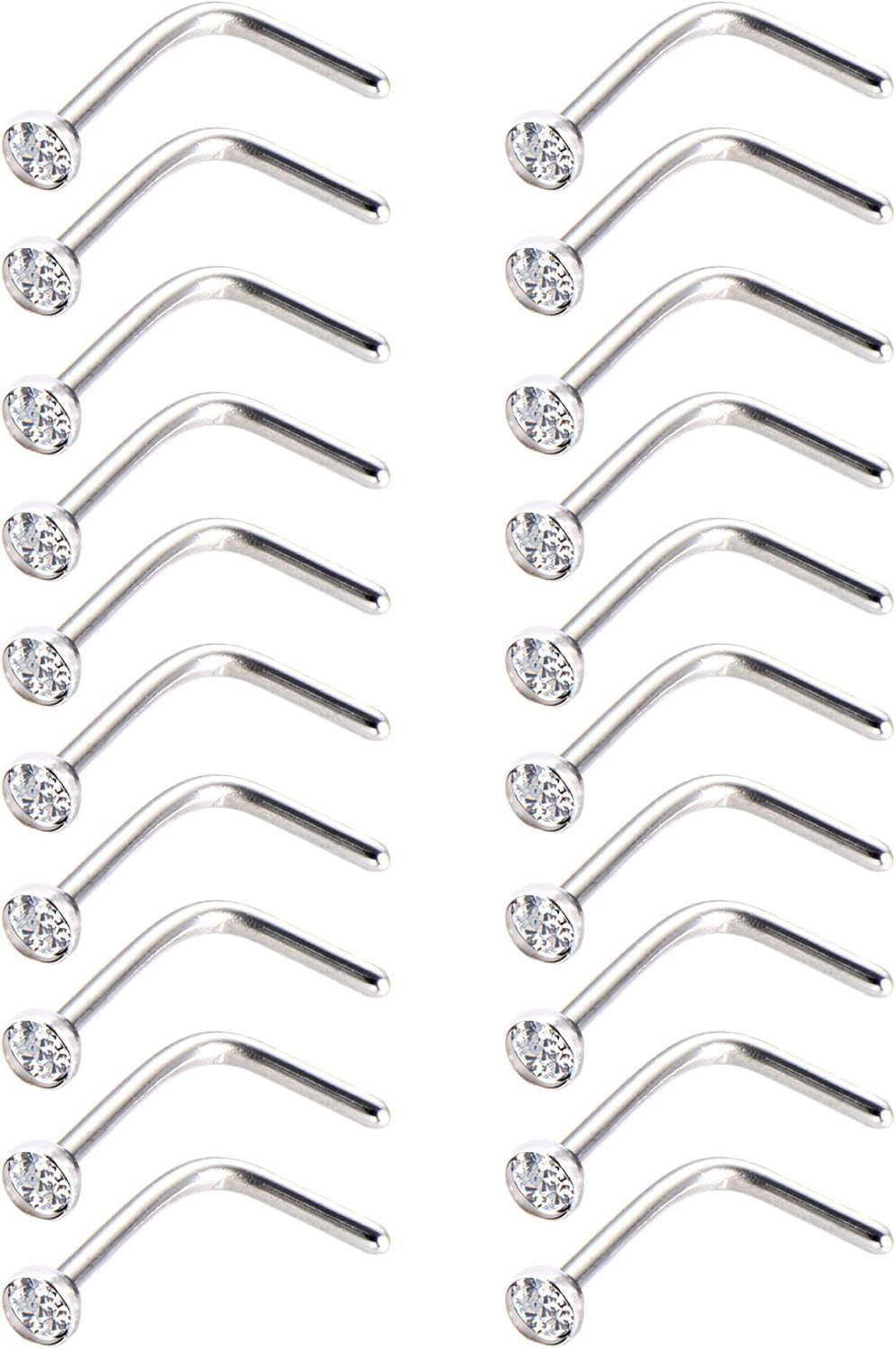 20 Pieces Curved Nose Stud Stainless Steel Nose Ring Crystals L Bend Nose Screw 