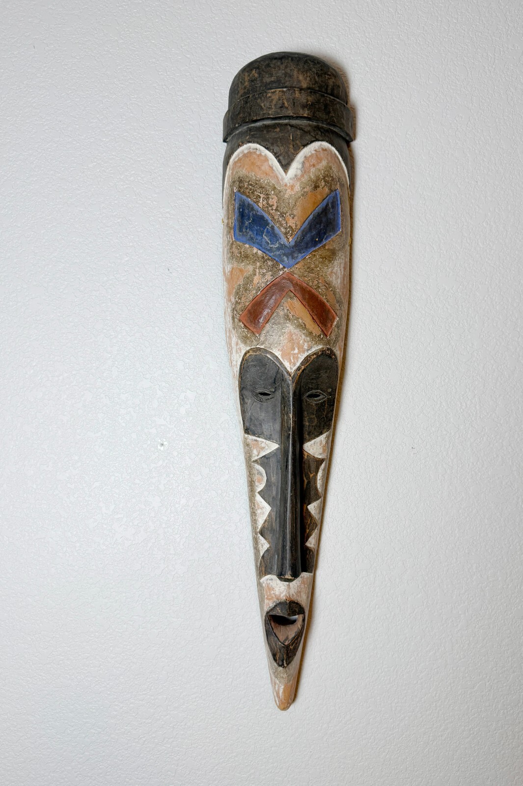 African Tribal Mask – Hand Carved Wood – Tall Painted Ceremonial Wall Art