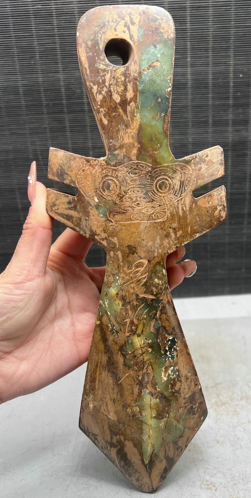 7"china Liangzhu Culture old Jade carved beast face inscription weapons sword