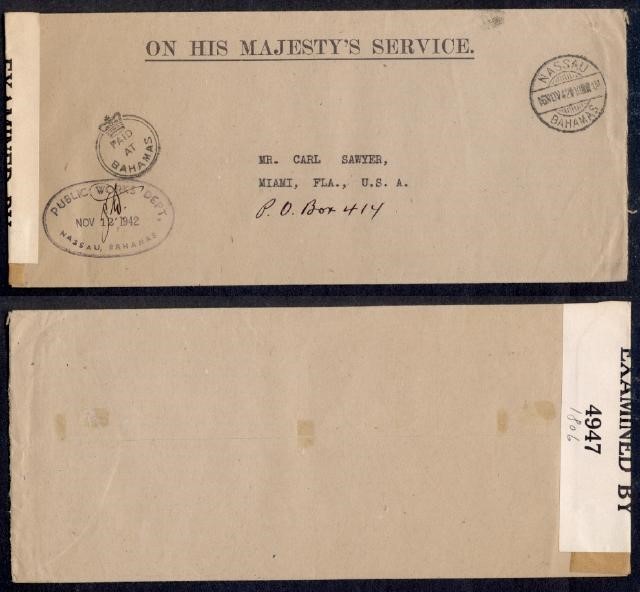 BAHAMAS 1942 CROWN PAID OHMS CENSOR TO USA