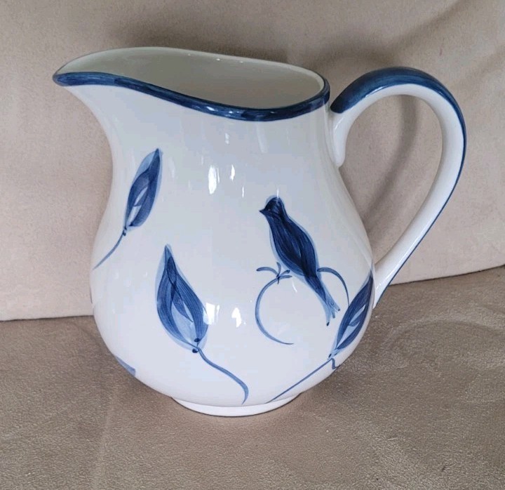 April Cornell Blueberry Pitcher Stoneware 7" 48 Oz - Blue - Flowers & Birds