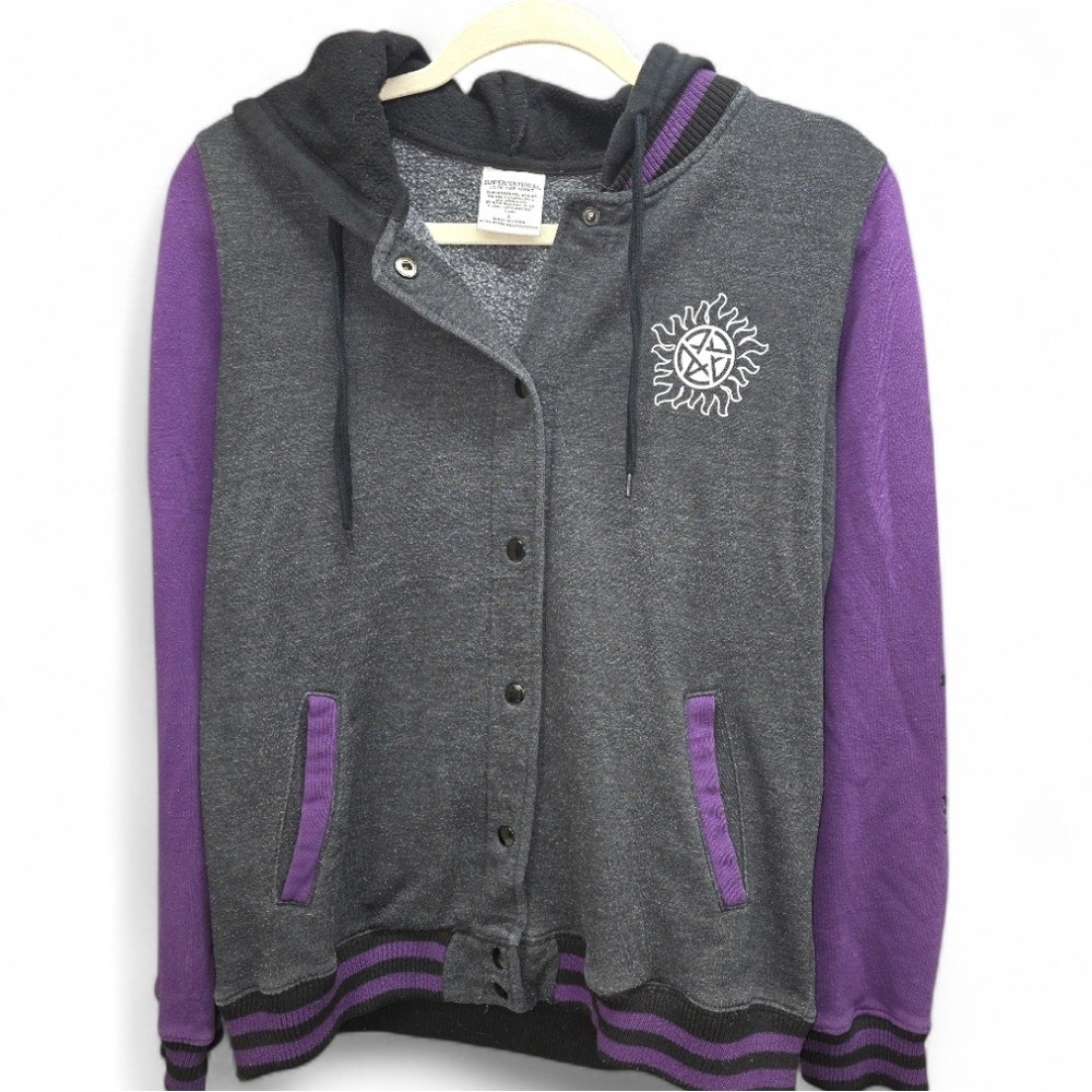 Supernatural Join the Hunt Varsity Hoodie Jacket Large Gray Purple Winchester