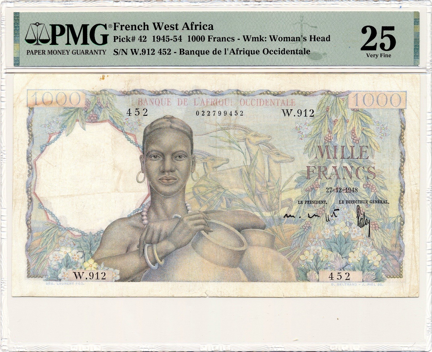 FRENCH WEST AFRICA banknote 1000 Francs 27.2.1948 PMG VF 25 Very Fine