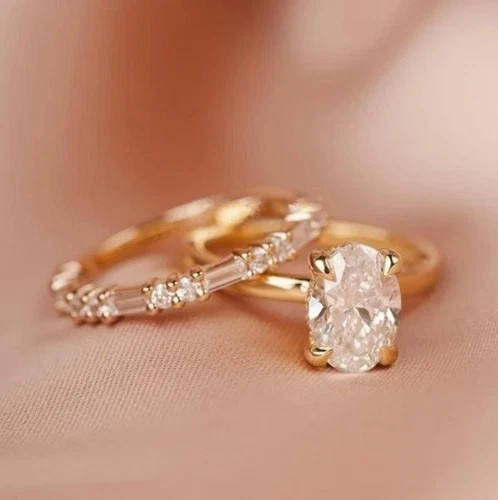 2Ct Oval Cut Lab Created Diamond 14K Yellow Gold FN Engagement Ring Set