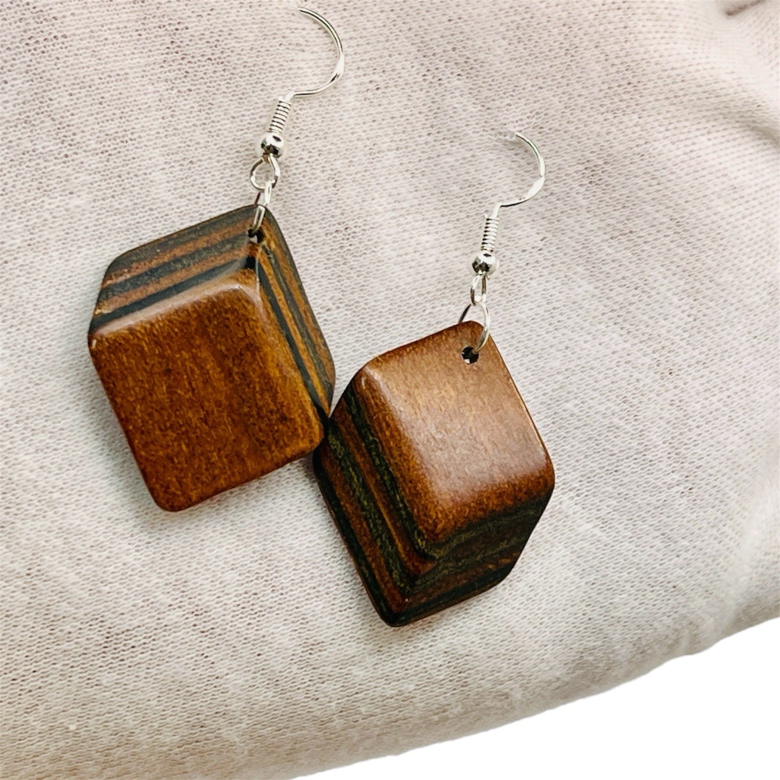Vintage Artisan Wood Earrings Sterling Silver 925 Abstract Bohemian Hand-Crafted