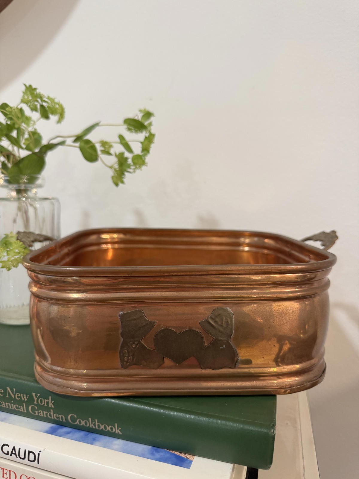 Vintage Copper Decorative Rectangular Basin with Heart and Figures