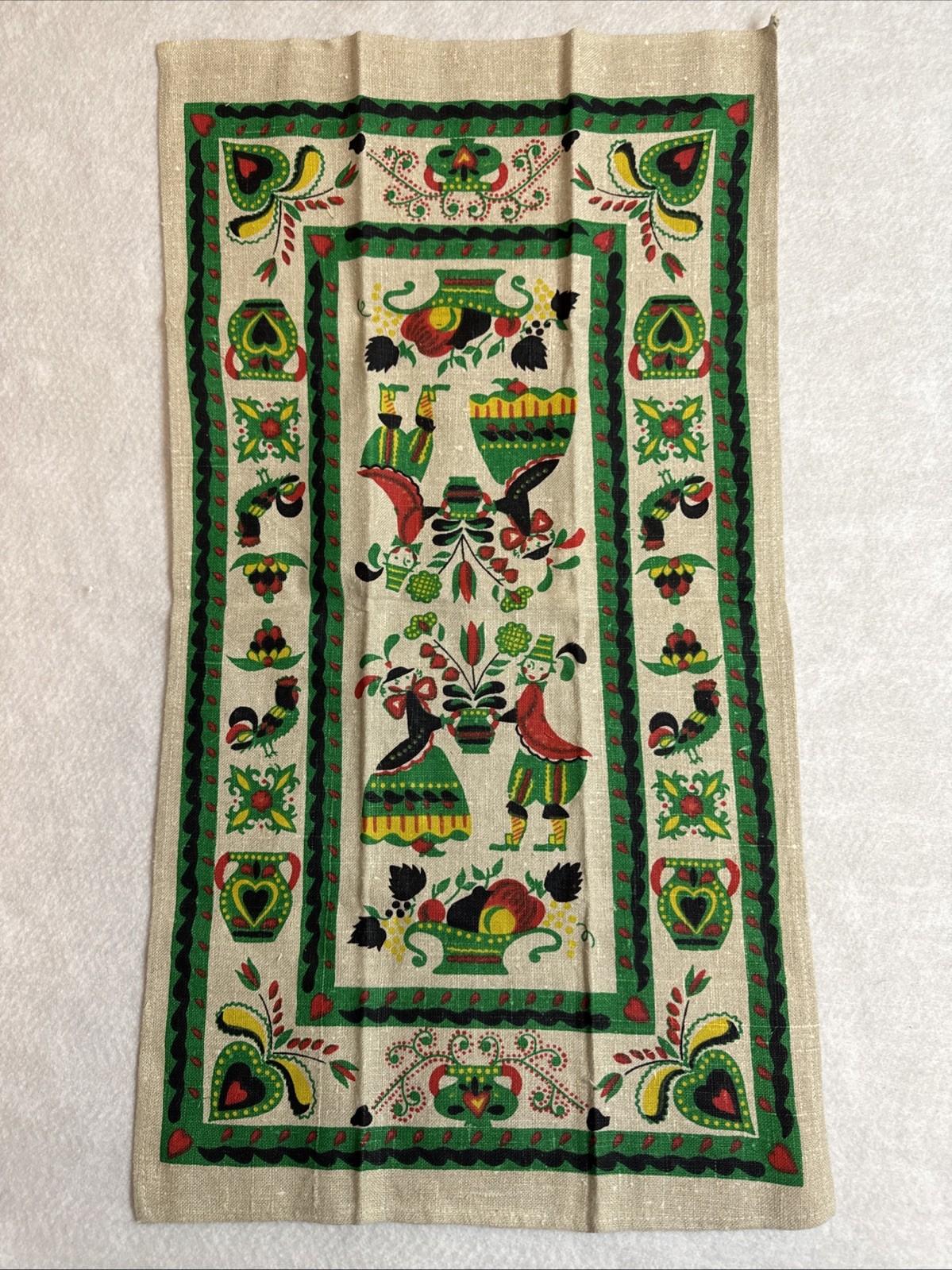 Vintage Pure Linen Tea Towel Pennsylvania Dutch Folk Art 26" x 15"