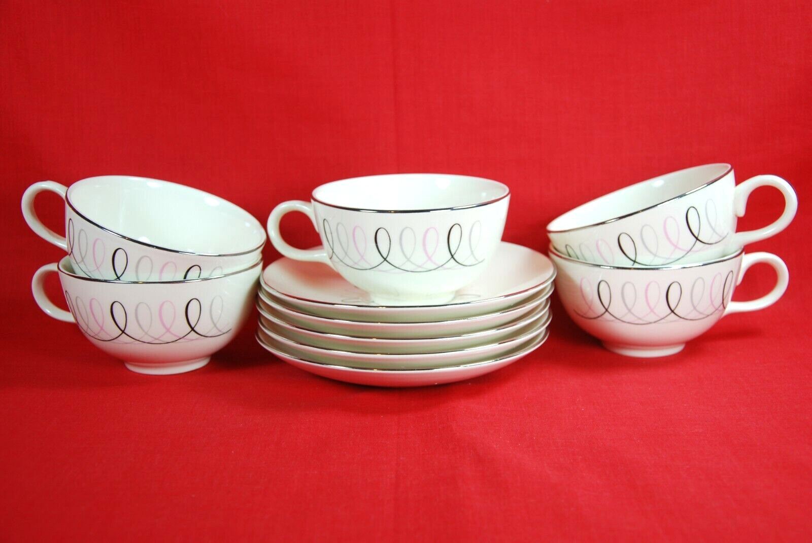 Sevron CAROUSEL Cups & Saucers  Set of 5 Black Pink Gray Swirls MCM 1960's